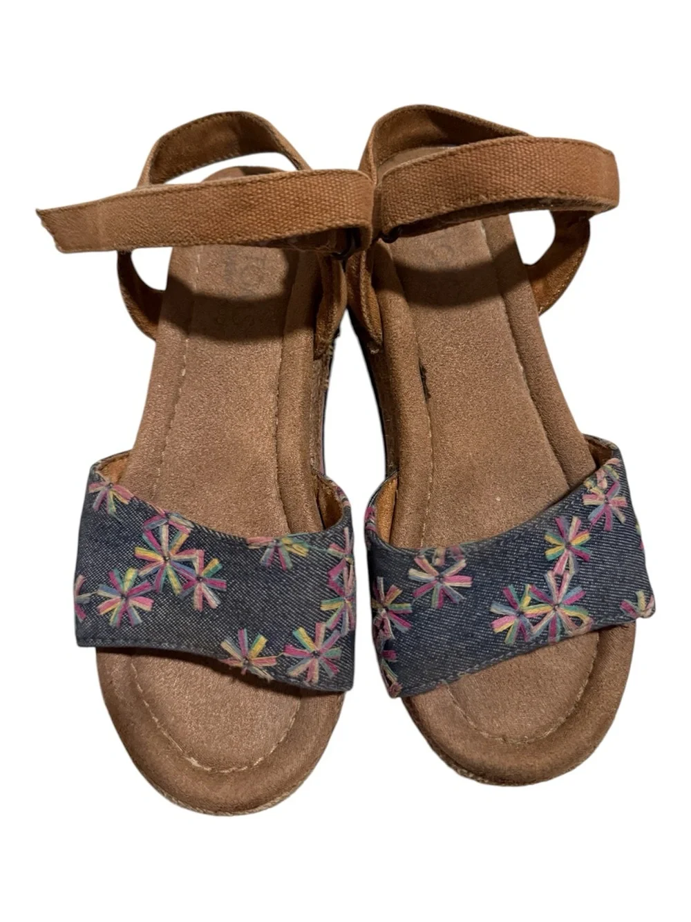 Toms Girls Brown Sandals with Denim Floral Embroidered Straps